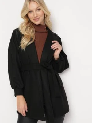 Czarny Płaszcz z Wiązanym Paskiem i Bufiastym Rękawem Imgrucu tricot station