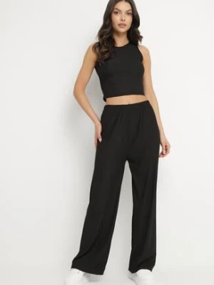 Czarny Prążkowany Komplet Dopasowany Top i Spodnie o Szerokim Kroju Miresia j&x