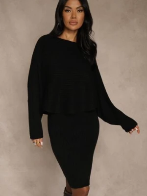 Czarny Prążkowany Komplet z Dzianiny Sukienka Bodycon i Sweter Nietoperz Wediana