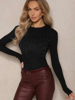 Czarny Prążkowany Sweter z Bawełną Ozdobiony Cyrkoniami Romilea j&x