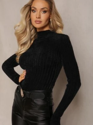 Czarny Prążkowany Sweter z Wełną i Dłuższym Włosiem Izarina j&x