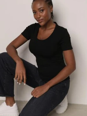 Czarny Prążkowany T-shirt Ozdobiony po Bokach Marszczeniem Nedisa romee's