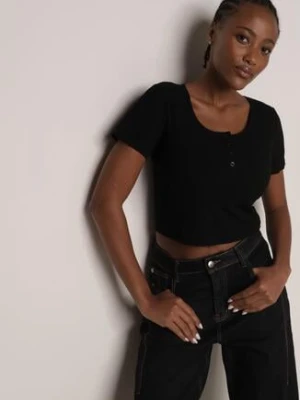 Czarny Prążkowany Top Bawełniany z Guzikami przy Dekolcie Nedera romee's