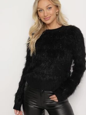 Czarny Puchaty Sweter z Wełną i Ściągaczami Exenevia