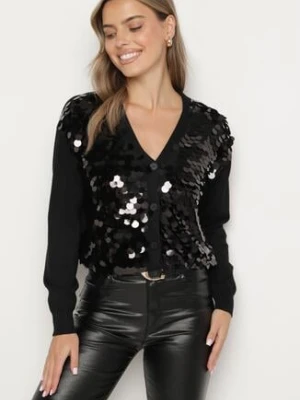 Czarny Rozpinany Kardigan z Wiskozą Ozdobiony Cekinami Evandriae wei wei