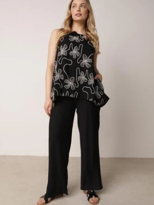 Czarny Rustykalny Komplet z Wiskozy i Lnu Spodnie i Bluzka z Haftem Acalerodia yu & me