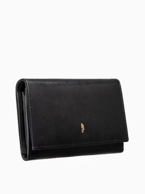 Czarny skórzany portfel damski na zatrzask z kieszenią na bigiel Puccini