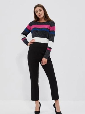 Czarny sweter damski w kolorowe paski z metaliczną nitką Moodo