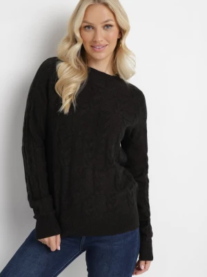 Czarny Sweter o Warkoczowym Splocie z Okrągłym Dekoltem Selinera Wool Fashion