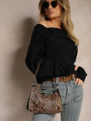 Czarny Sweter Off Shoulder z Wiskozą z Ozdobnym Marszczeniem przy Dekolcie Nelilda