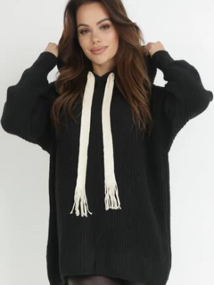 Czarny Sweter Oversize z Kapturem Ori