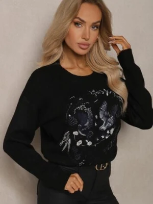Czarny Sweter Ozdobiony Haftowanym Wzorem w Ptaki Inarielle acajo