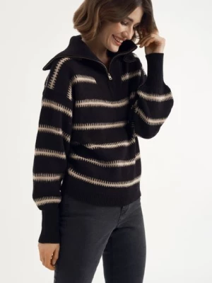 Czarny sweter w paski z suwakiem damski OCHNIK