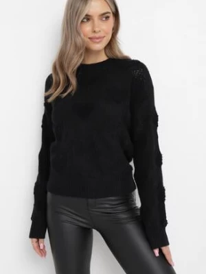 Czarny Sweter w Serca o Klasycznym Fasonie ze Ściągaczami Biriet moni&co