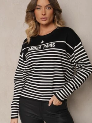 Czarny Sweter z Bawełną Ozdobiony Haftowanym Napisem i Paskami Zeanika j&x