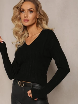 Czarny Sweter z Dekoltem w Serek i Warkoczykowym Splotem Silmirra M&d Fashion