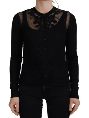 Czarny sweter z guzikami i koronką kwiatową Dolce & Gabbana