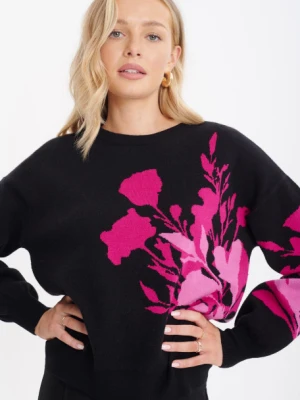Czarny sweter z kwiatowym nadrukiem w kolorze fuksji Greenpoint