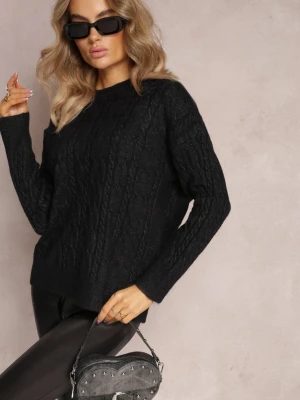 Czarny Sweter z Okrągłym Dekoltem i Splotem w Warkocze z Połyskiem Dawnitta Wool Fashion
