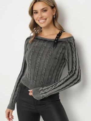 Czarny Sweter z Ozdobnym Paskiem Przy Ramieniu i Splotem Alvoria