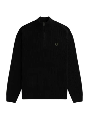 Czarny Sweter z Półzamkiem w Wzór Żebrowany Fred Perry