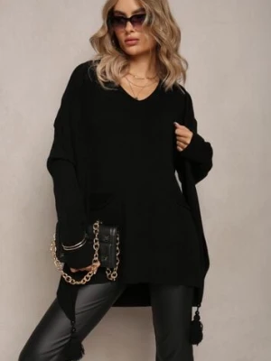 Czarny Sweter z Szalikiem z Chwostami w Komplecie Rumabena palma