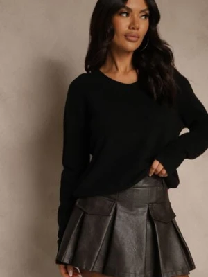 Czarny Sweter z Wełną i Wiskozą z Trójkątnym Dekoltem Kaitte