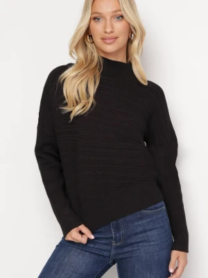 Czarny Sweter z Wełną o Asymetrycznym Fasonie z Tłoczeniem Sarositte Wool Fashion