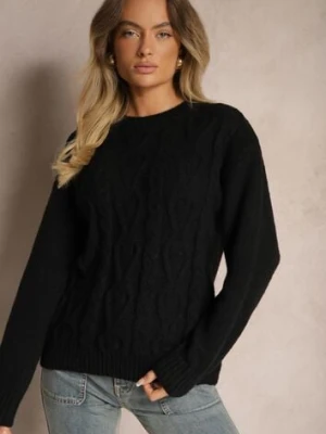 Czarny Sweter z Wełną Ozdobnym Splotem i Ściągaczem Nariae j&x