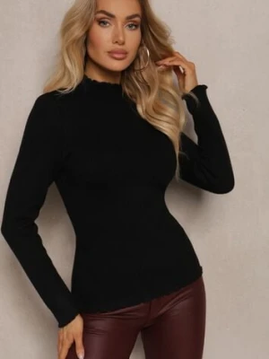 Czarny Sweter z Wełną przy Dekolcie Ozdobiony Falbanką Seatoria j&x