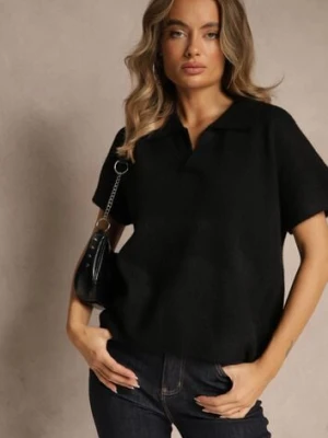 Czarny Sweter z Wełną z Krótkim Rękawem i Dekoltem V z Kołnierzem Tevirna acajo