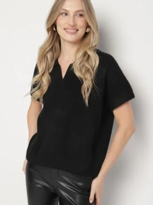 Czarny Sweter z Wełną z Krótkim Rękawem i Kołnierzykiem Tevalina