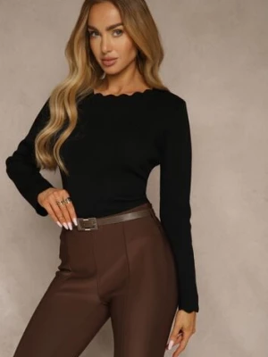 Czarny Sweter z Wiskozą i Ozdobną Falbanką Mevidella