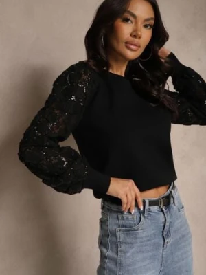 Czarny Sweter z Wiskozą z Ozdobnymi Rękawami z Koronki z Cekinami Tilitana elsa.m by may