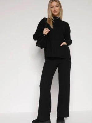 Czarny Sweterkowy Komplet Sweter z Półgolfem i Szerokie Spodnie Alatusa