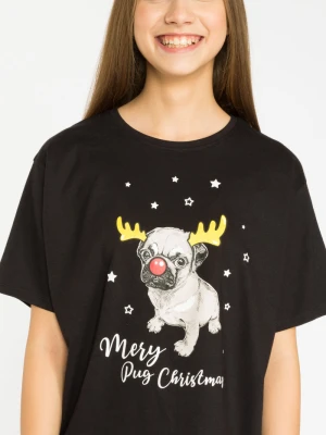 Czarny świąteczny T-shirt z nadrukiem Reporter