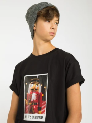 Czarny świąteczny T-shirt z nadrukiem Reporter