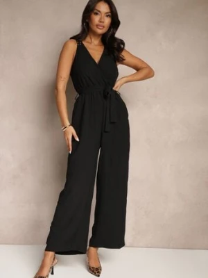 Czarny Szeroki Kombinezon o Kopertowym Kroju z Ażurowym Zdobieniem Olisena melya by melody