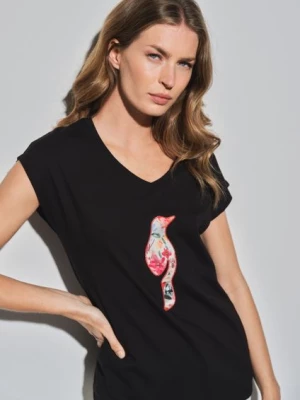 Czarny T-shirt damski z kwiatowym logo OCHNIK