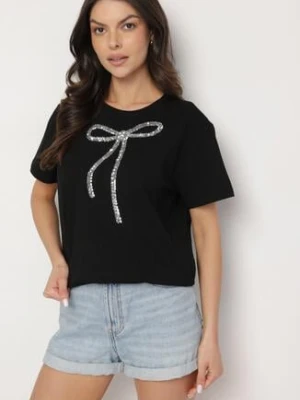 Czarny T-shirt Oversize z Bawełny Zdobiony Kokardą z Cekinów Tenesela