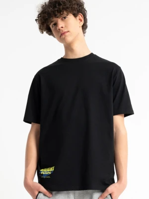 T-shirt chłopięcy regular, z minimalistyczną grafiką z przodu, czarny Reporter
