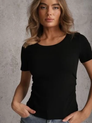 Czarny T-shirt w Prążki z Marszczeniami po Bokach Nedala romee's
