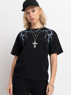 Czarny t-shirt z autorską grafiką na ramionach Reporter