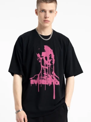 Czarny t-shirt OVERSIZE z autorską grafiką w kontrastowym kolorze z przodu Reporter