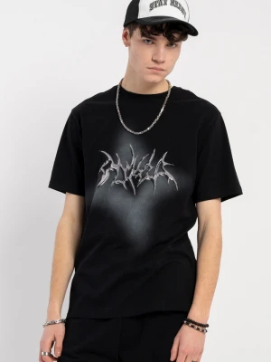 Czarny t-shirt z autorską grafiką z przodu Reporter