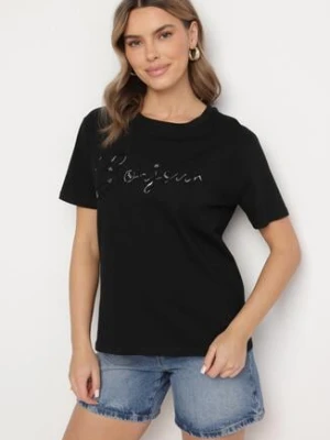 Czarny T-shirt z Bawełny o Kroju Oversize z Haftem i Cekinami Uliowena glo-story
