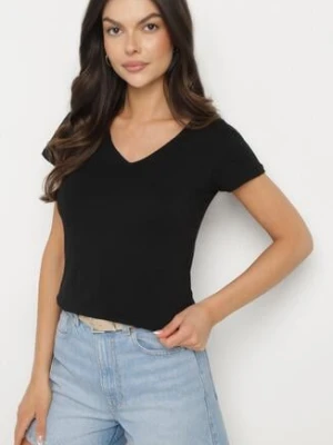 Czarny T-shirt z Bawełny o Prostym Kroju z Dekoltem w Serek Fevireena moraj