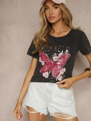 Czarny T-shirt z Bawełny Ozdobiony Motylem i Metalicznym Napisem Zariellea glo-story