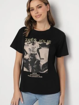 Czarny T-shirt z Bawełny Ozdobiony Nadrukiem i Brokatem Marionel defox