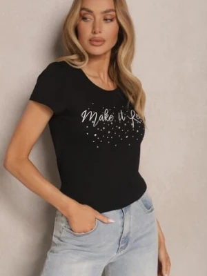 Czarny T-shirt z Bawełny Ozdobiony Napisem i Cyrkoniami Zreadia